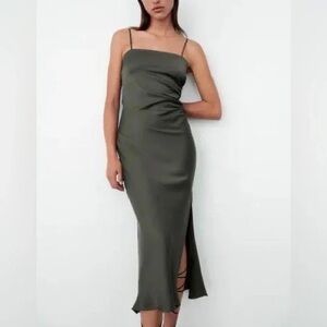 Zara satin slit rouched green dress